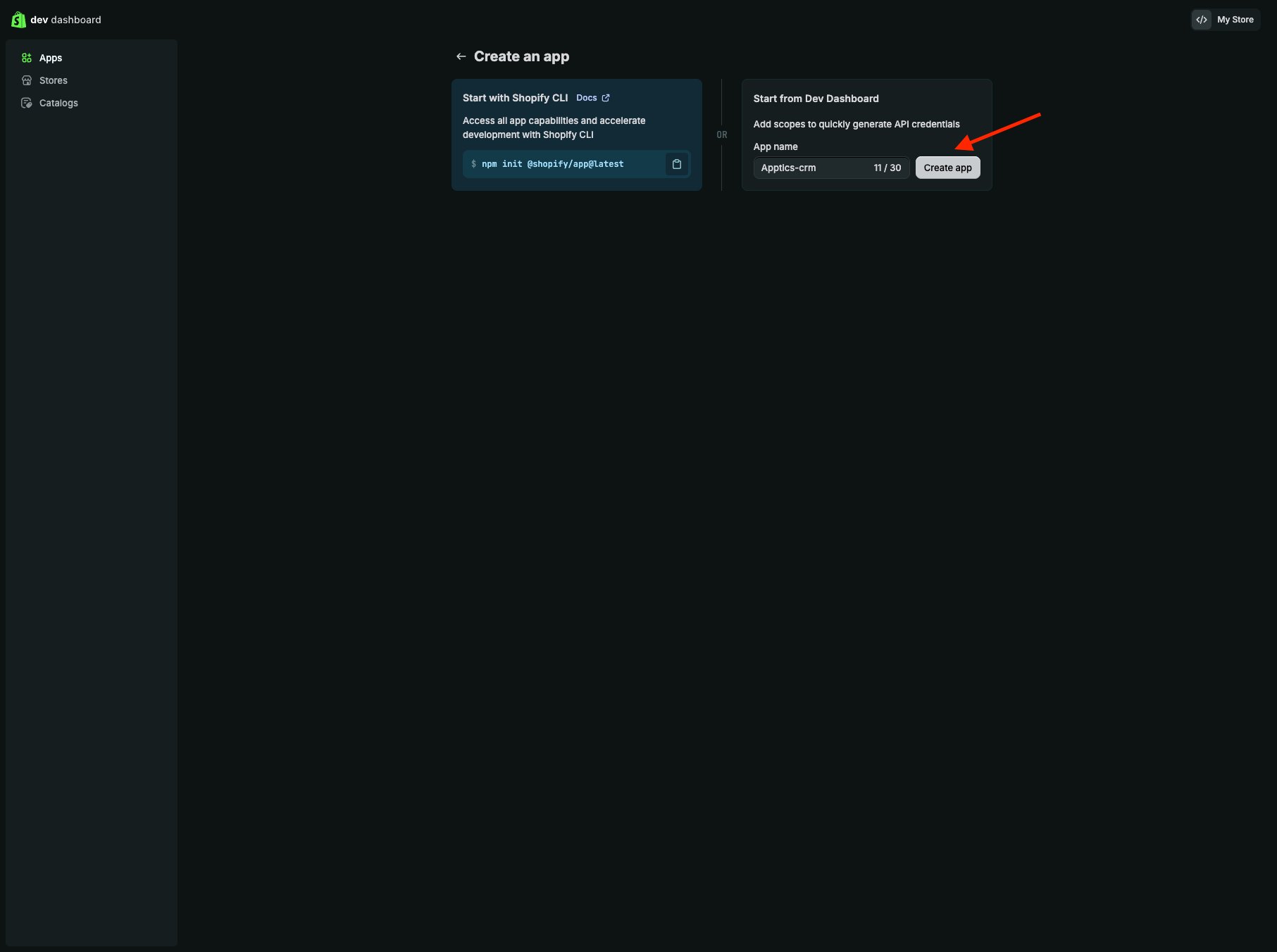 Creating an app in the dev dashboard