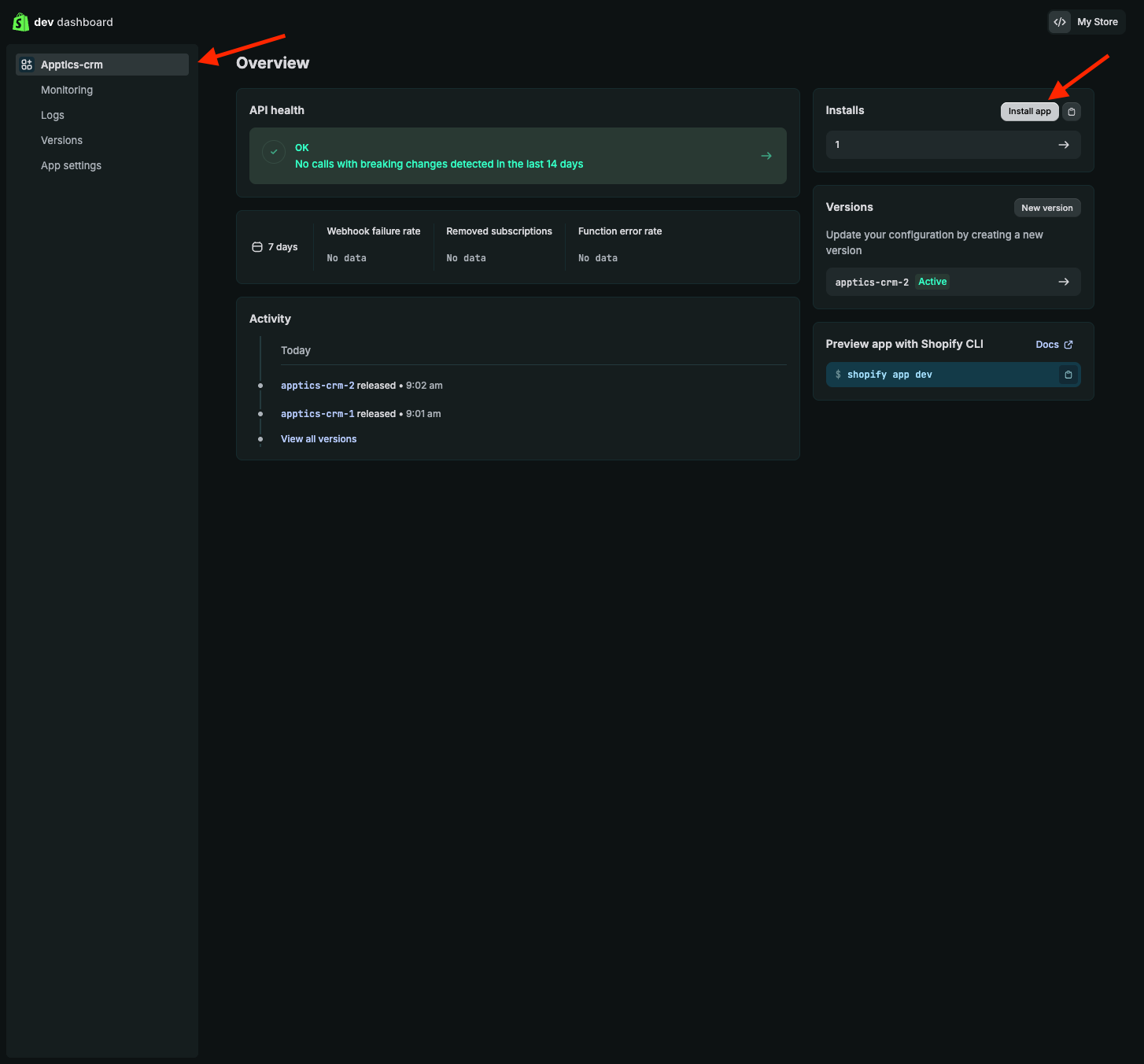 Install app on the app's Overview page