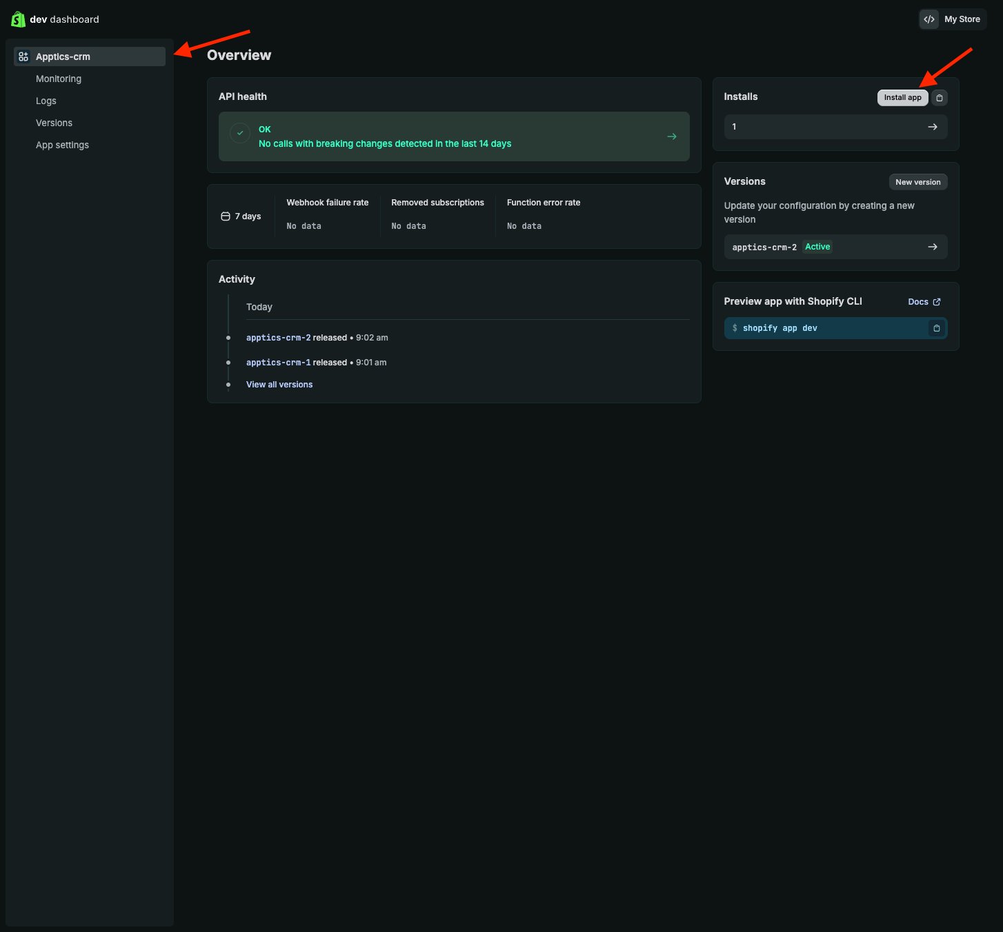 Install app on the app's Overview page