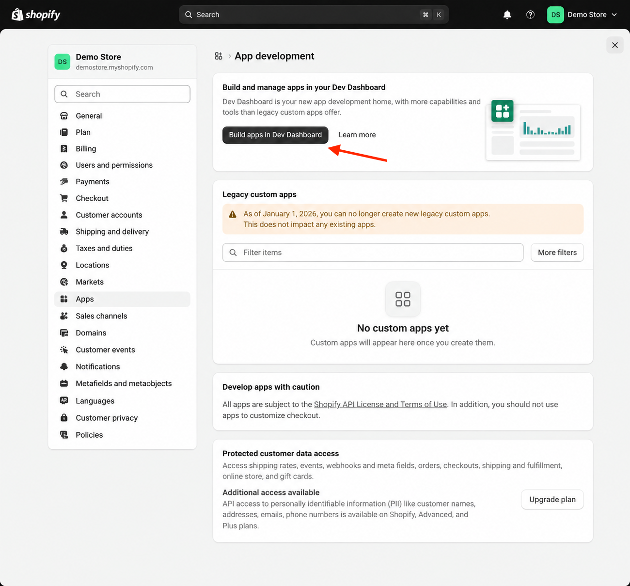 Build apps in Dev Dashboard on the App development page