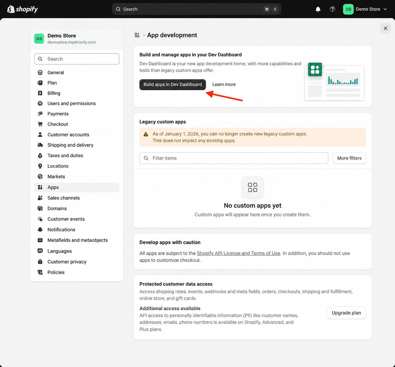 Build apps in Dev Dashboard on the App development page