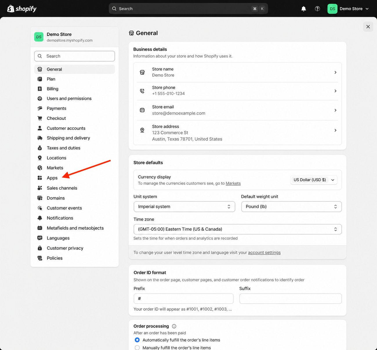 Apps in Shopify settings