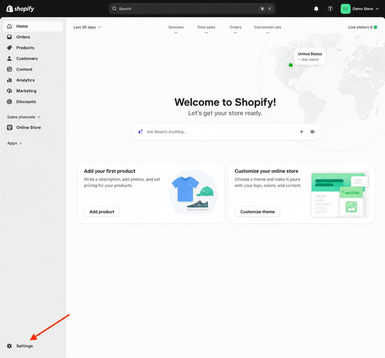 Settings at the bottom of the Shopify admin sidebar