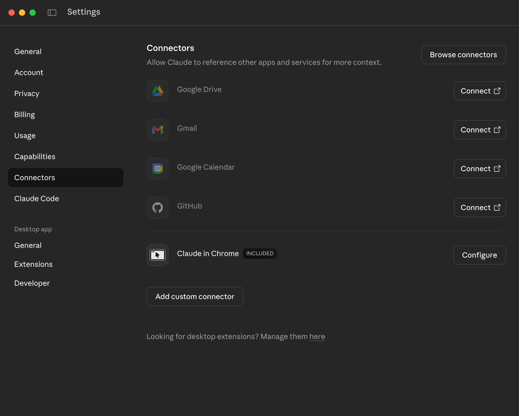 Claude Desktop Connectors Settings