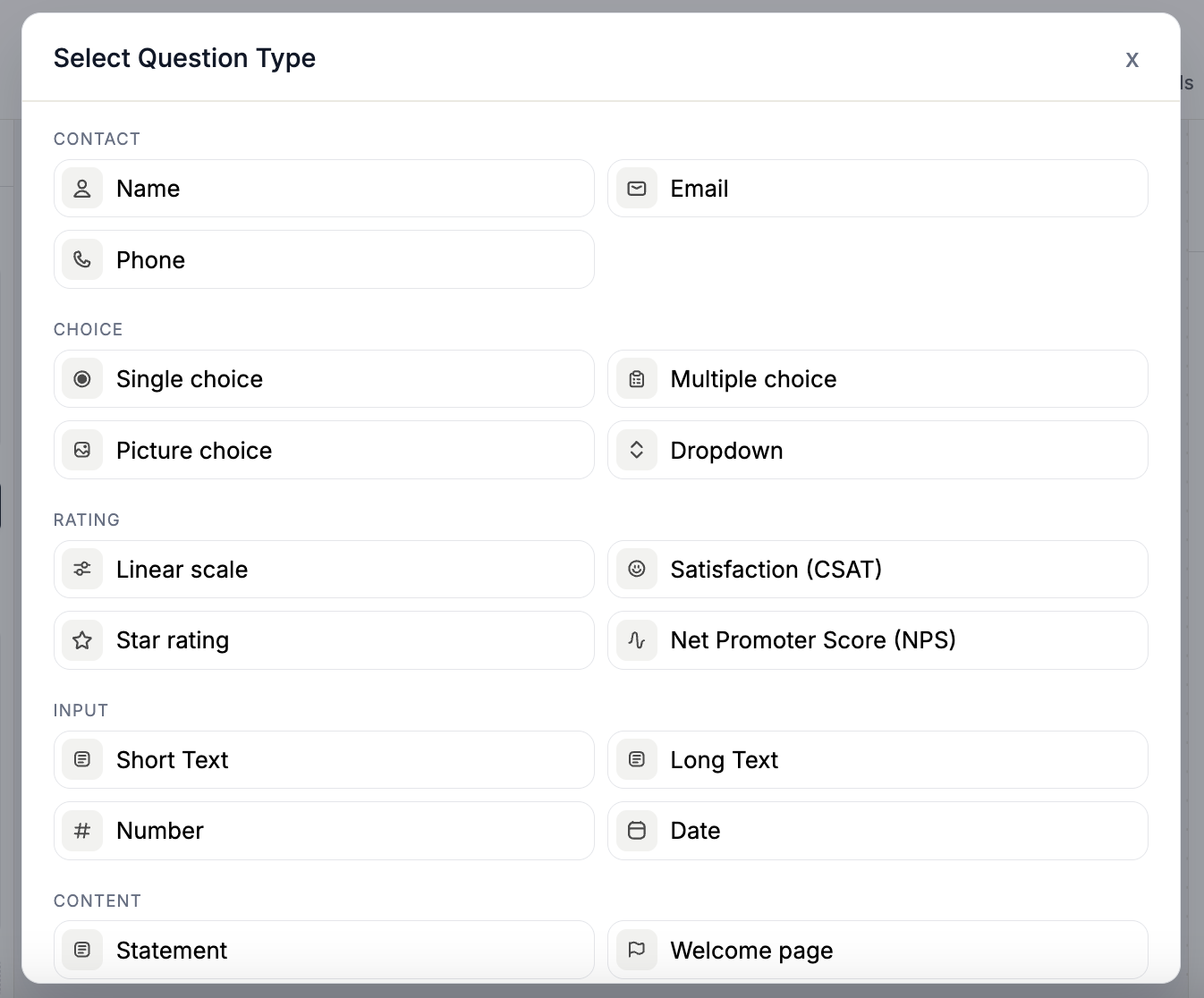 Question Types Popup