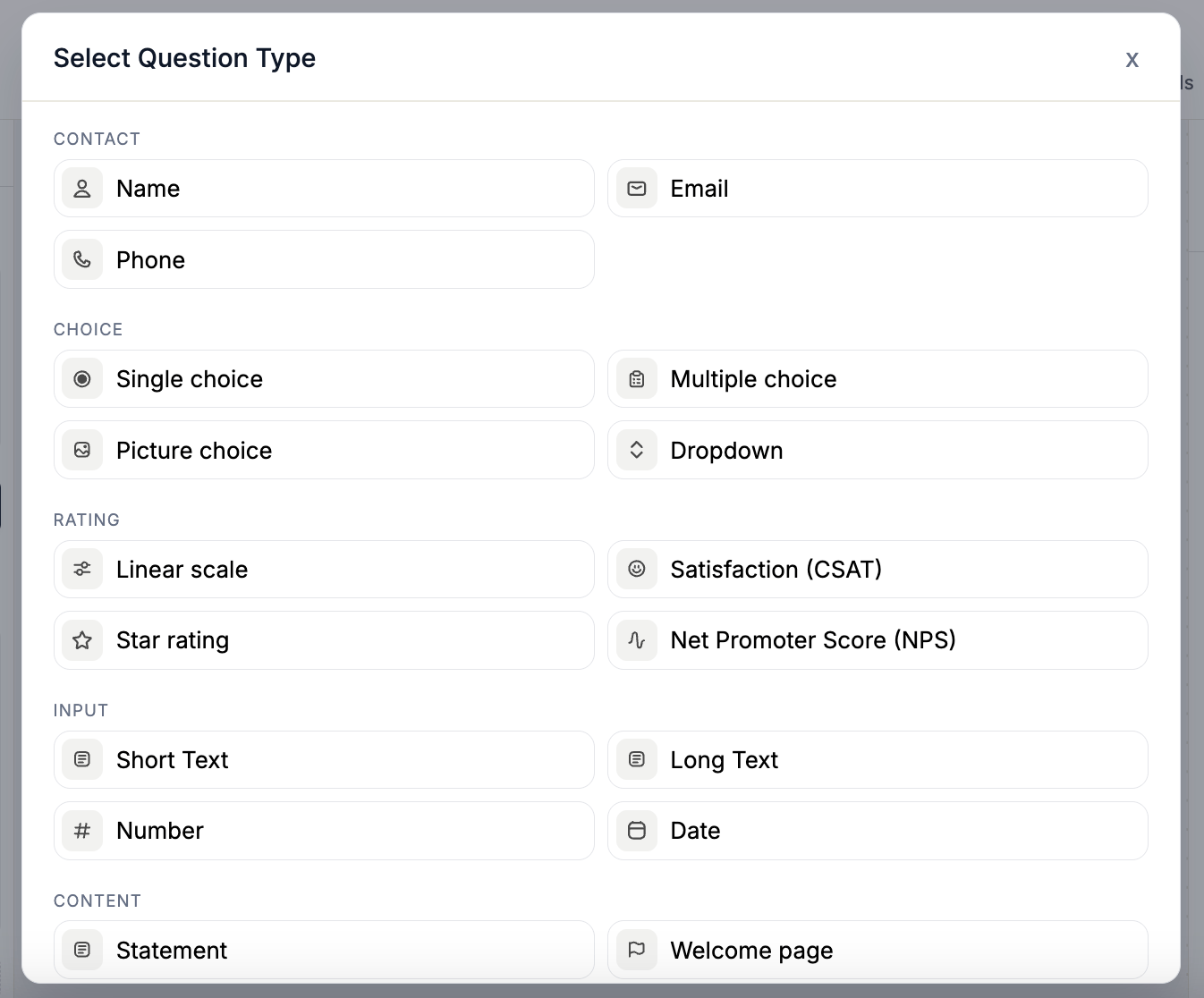 Question Types Popup
