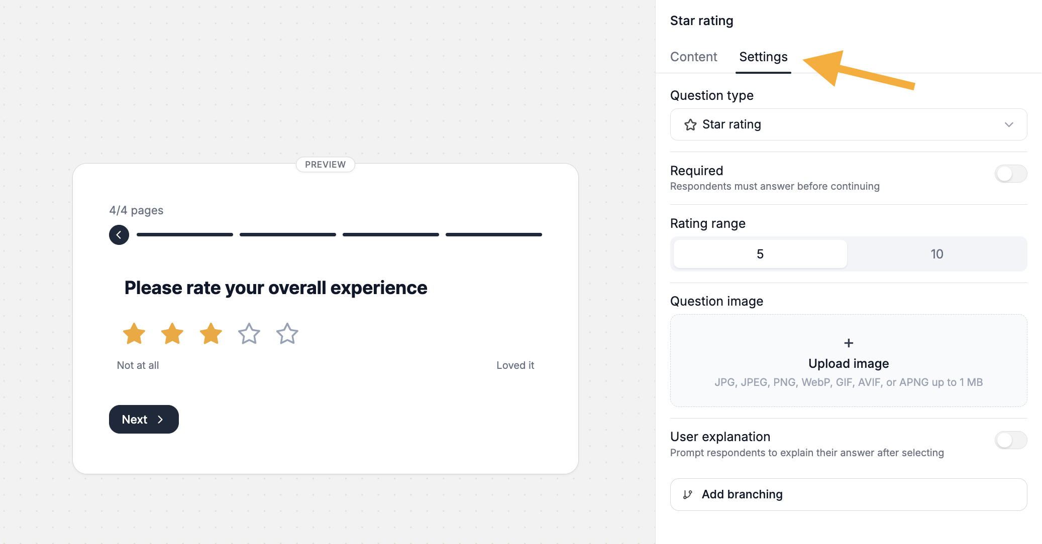 Star Rating Question Settings