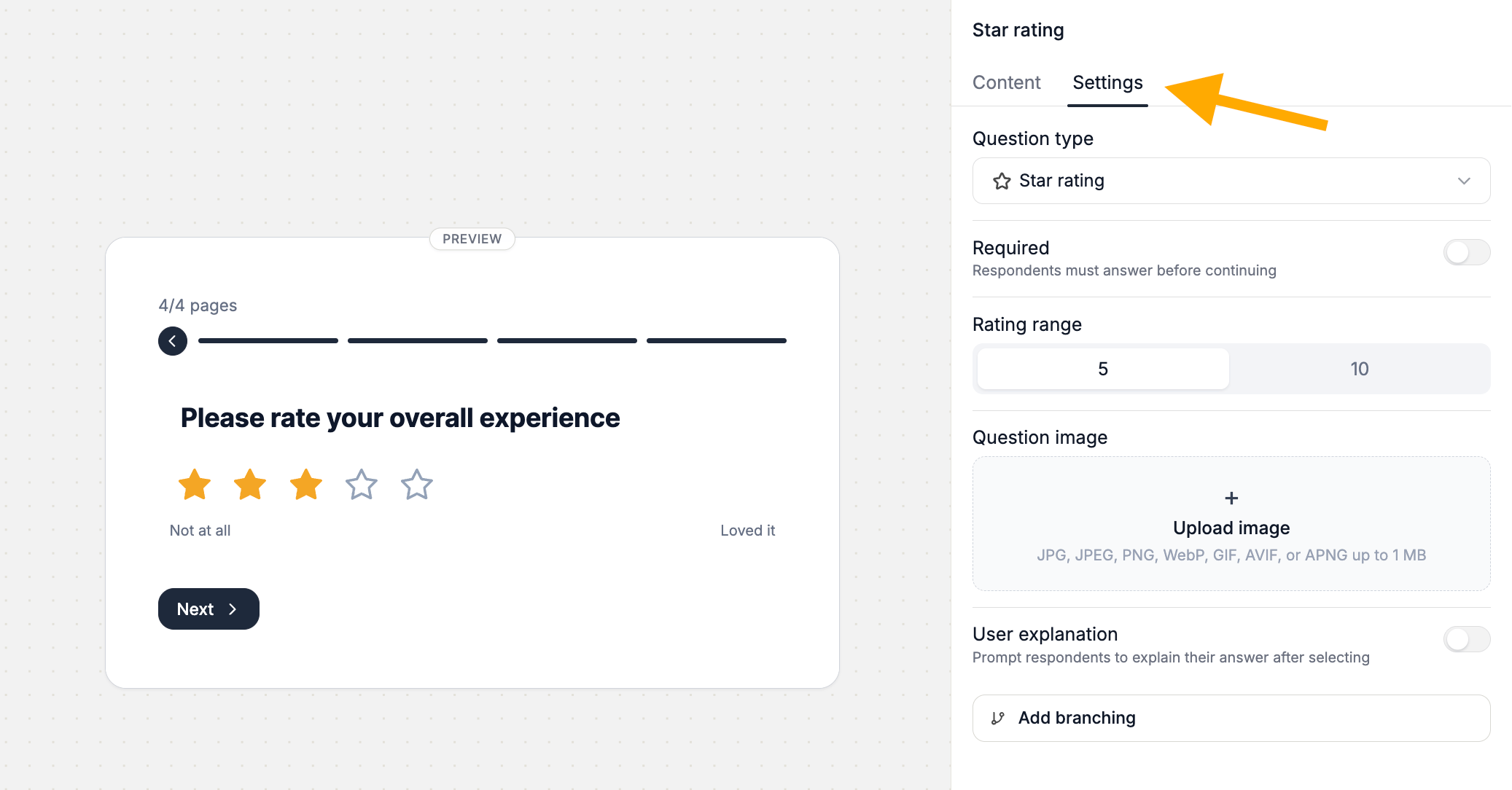 Star Rating Question Settings