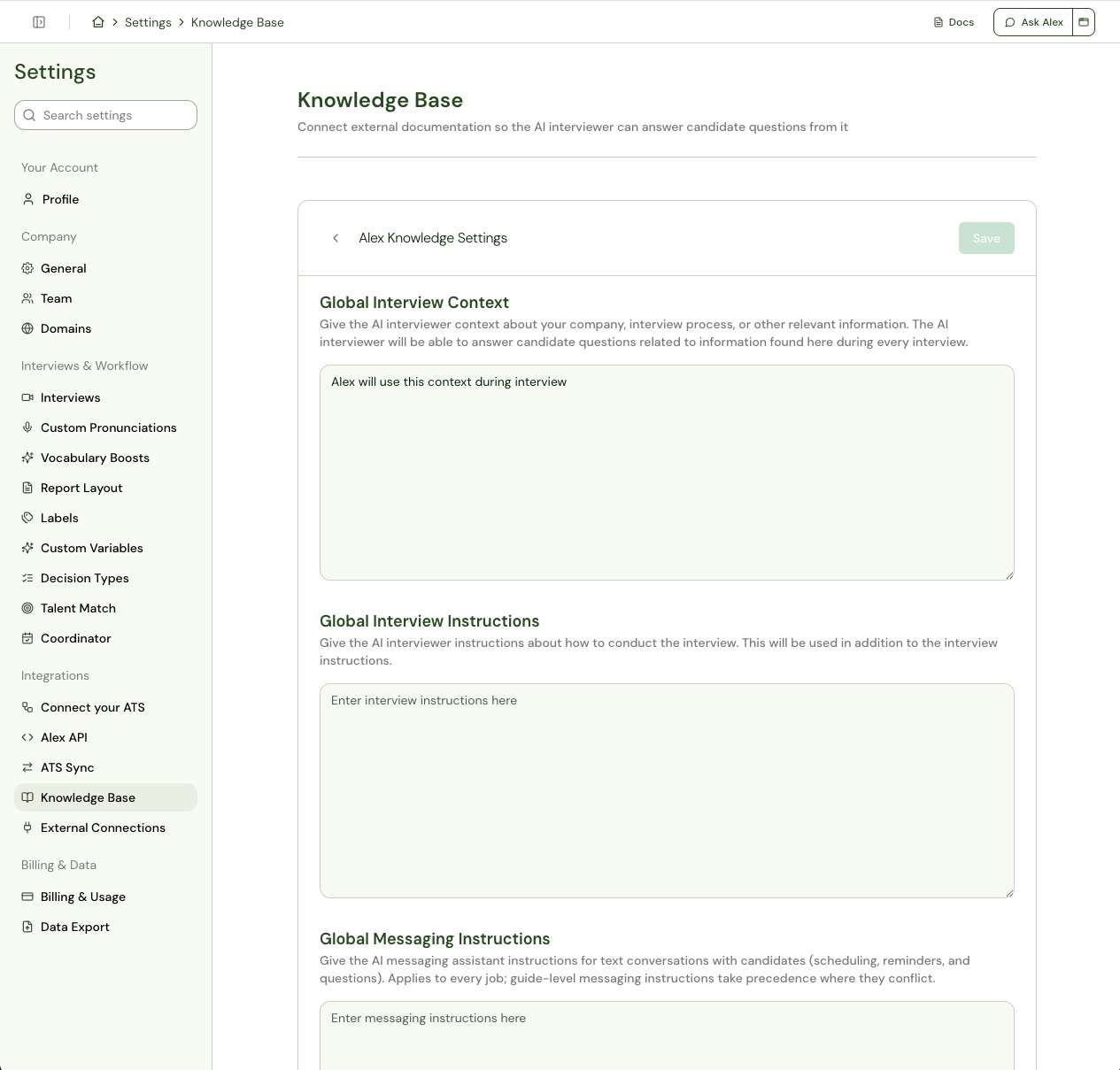 Alex Knowledge Settings with Global Interview Context, Global Interview Instructions, and Global Messaging Instructions fields