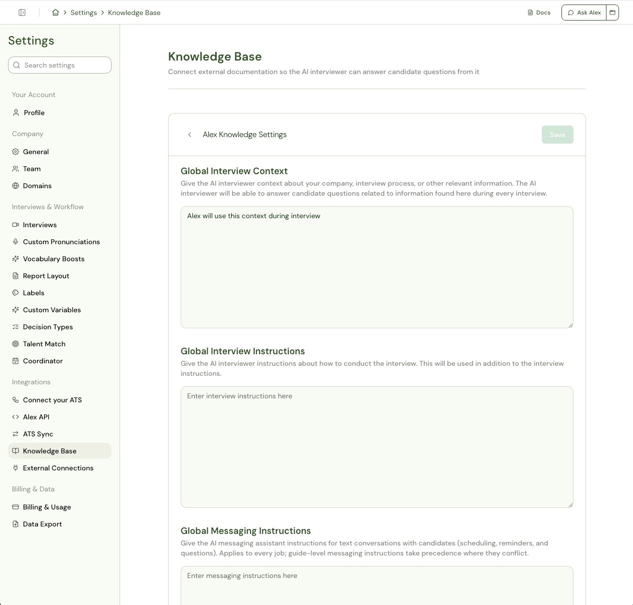 Alex Knowledge Settings with Global Interview Context, Global Interview Instructions, and Global Messaging Instructions fields