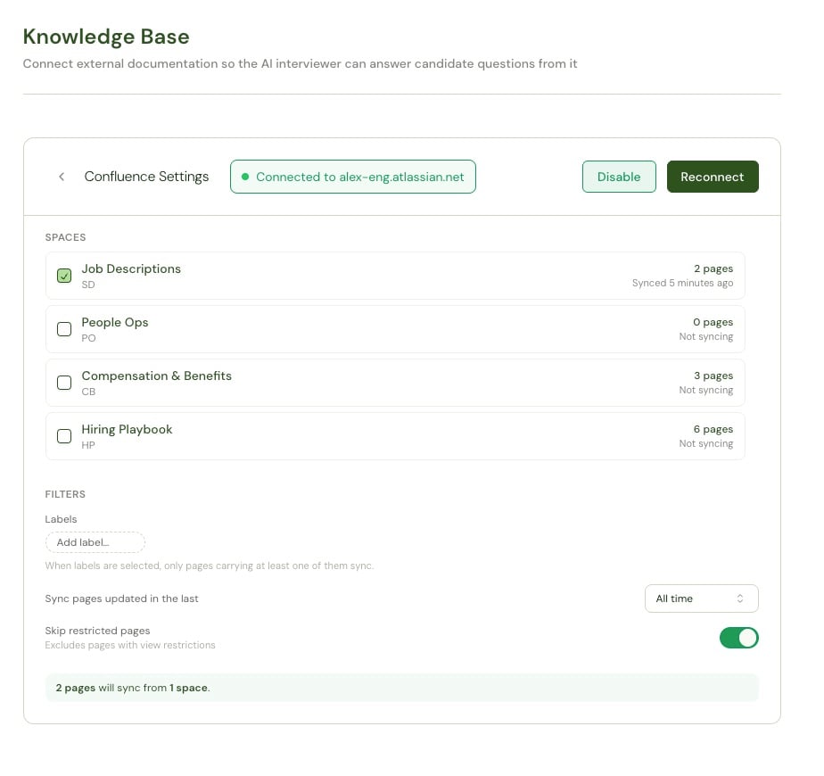 Confluence settings showing selectable spaces with page counts, a label filter, a freshness window, and the skip restricted pages toggle