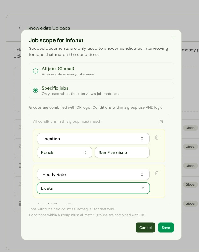 Job conditions builder with a Job Status condition using the Equals operator