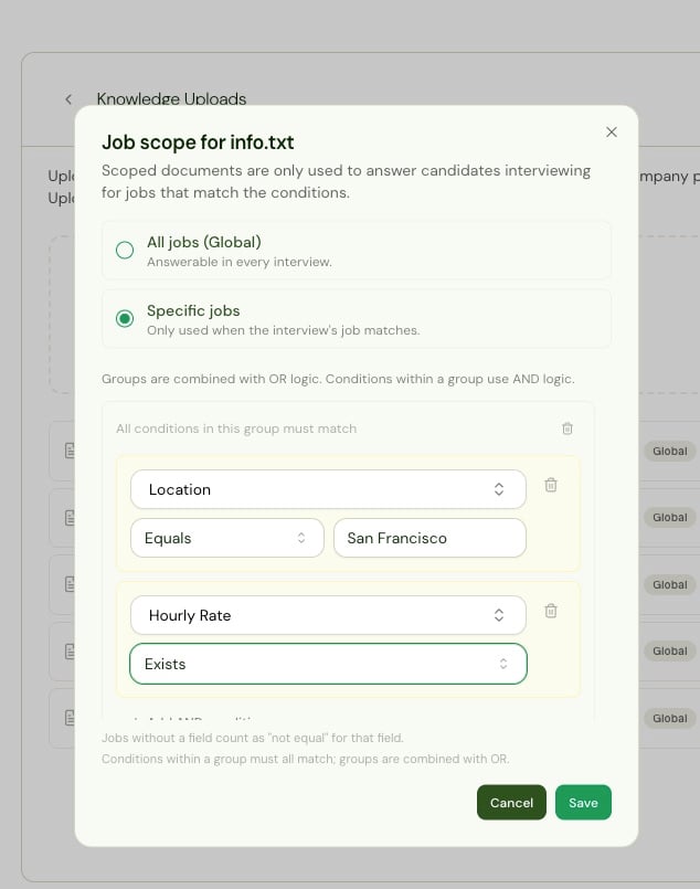 Job conditions builder with a Job Status condition using the Equals operator