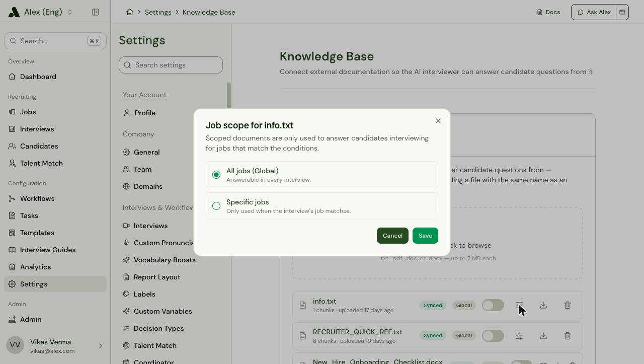 Job scope dialog with All jobs (Global) and Specific jobs options