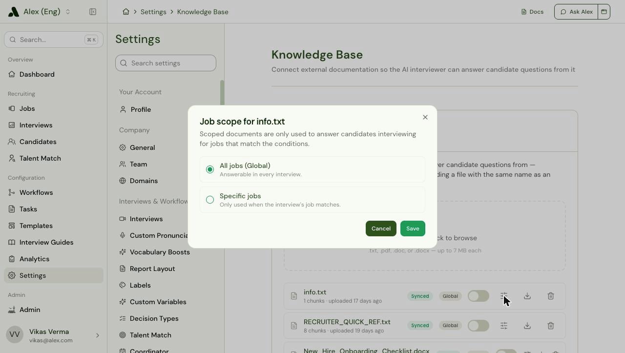 Job scope dialog with All jobs (Global) and Specific jobs options