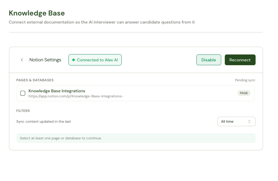 Notion settings showing a connected workspace and a selectable page with a PAGE badge