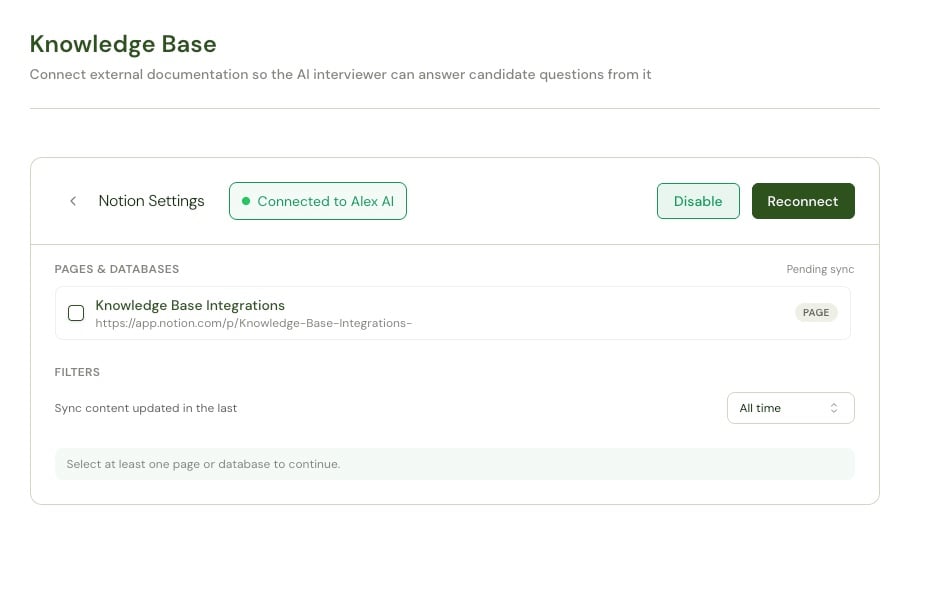 Notion settings showing a connected workspace and a selectable page with a PAGE badge