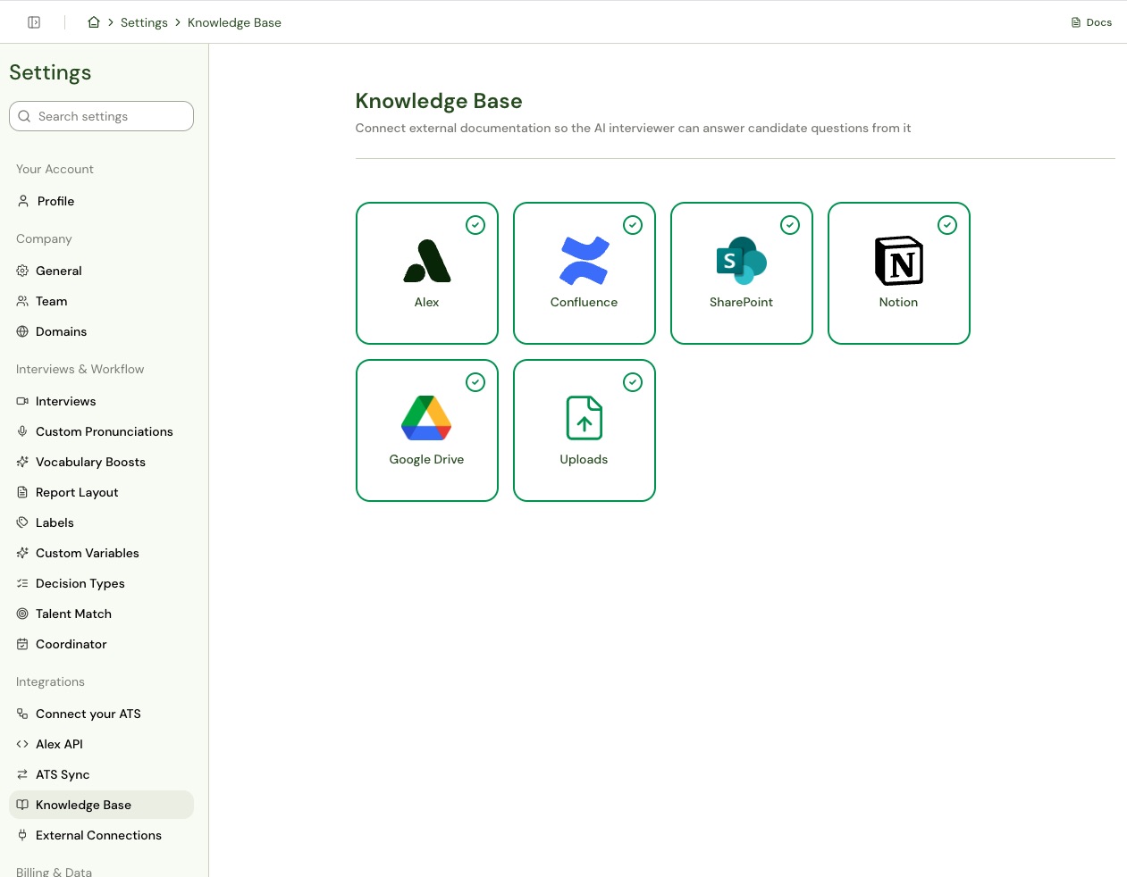 Knowledge Base settings showing the Alex, Confluence, SharePoint, Notion, Google Drive, and Uploads source cards