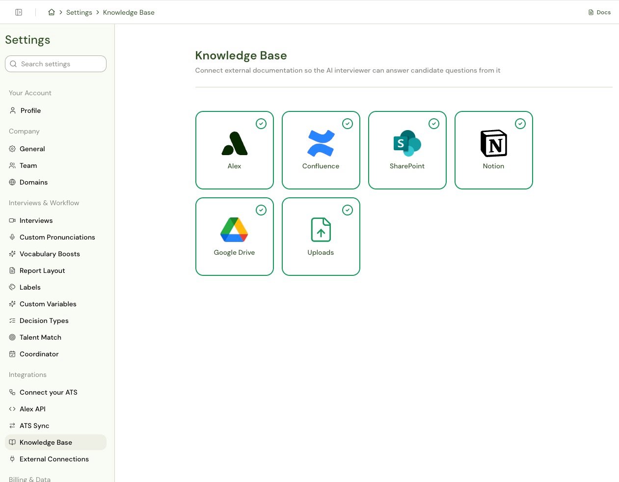 Knowledge Base settings showing the Alex, Confluence, SharePoint, Notion, Google Drive, and Uploads source cards