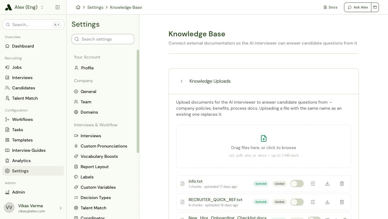 Knowledge Uploads panel with a drag-and-drop zone accepting txt, pdf, doc, and docx files up to 7 MB each