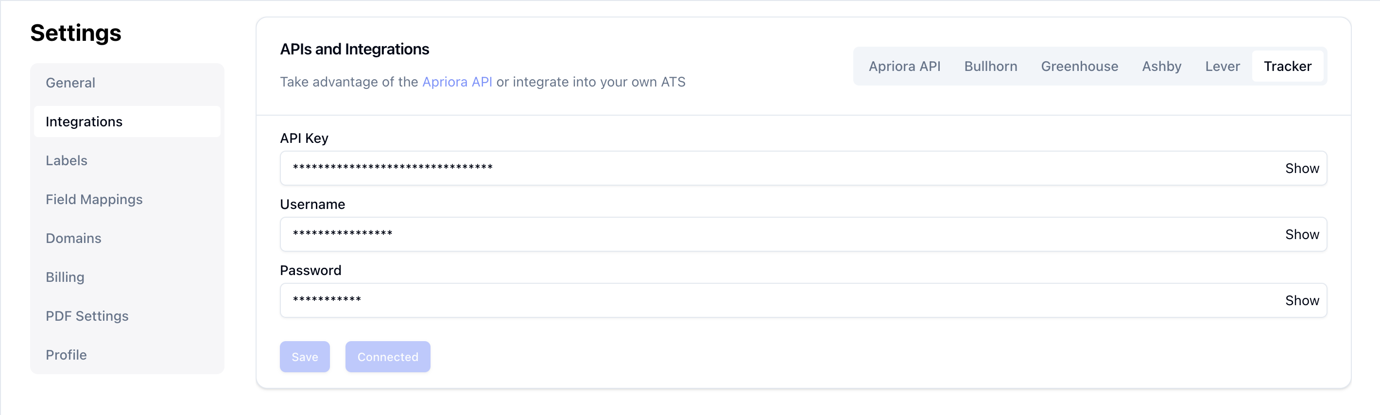 Alex Dashboard - Tracker Integration Settings