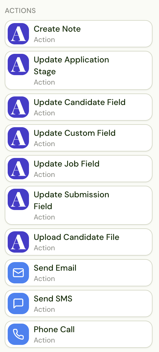 All available actions in the workflow builder