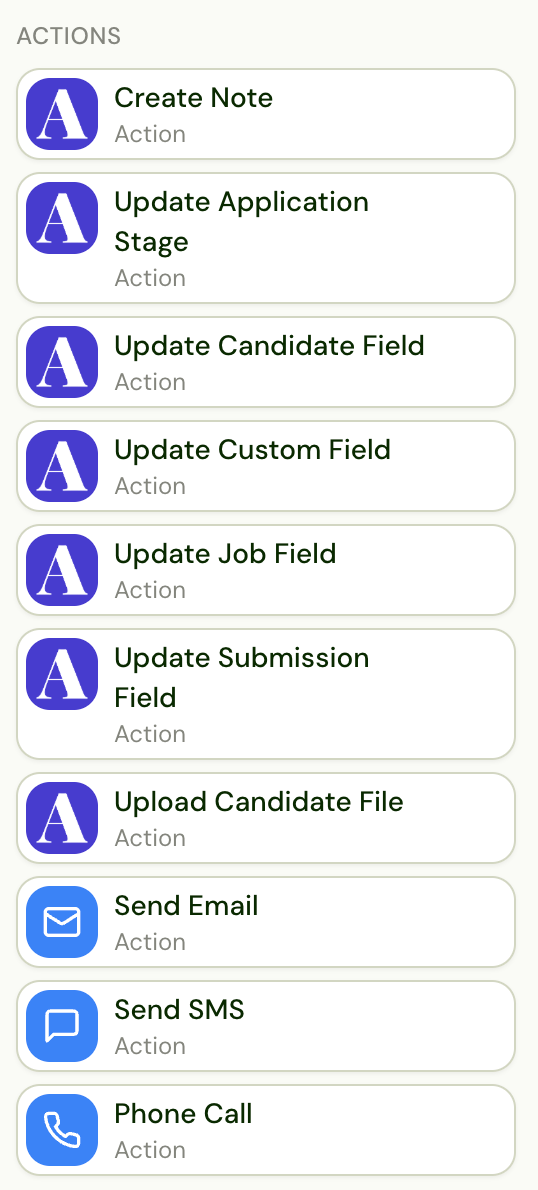 All available actions in the workflow builder