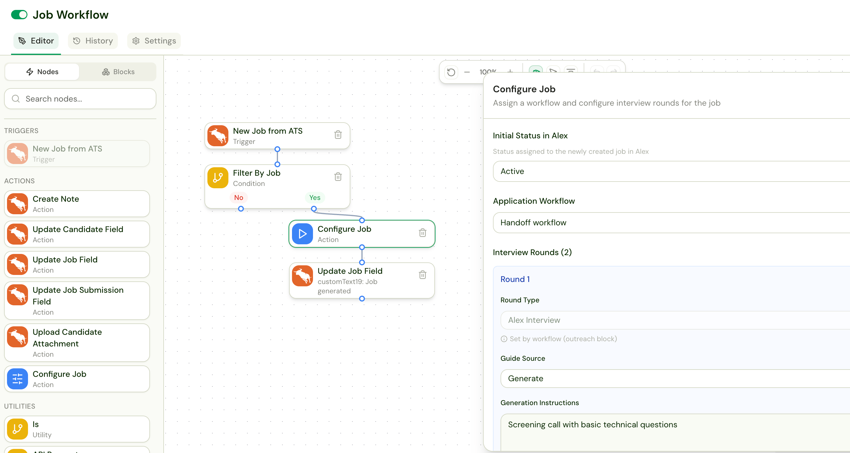 Job workflow with Configure Job action panel open