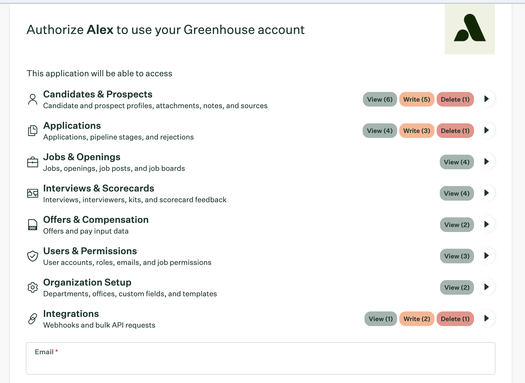 Authorize Alex to use your Greenhouse account