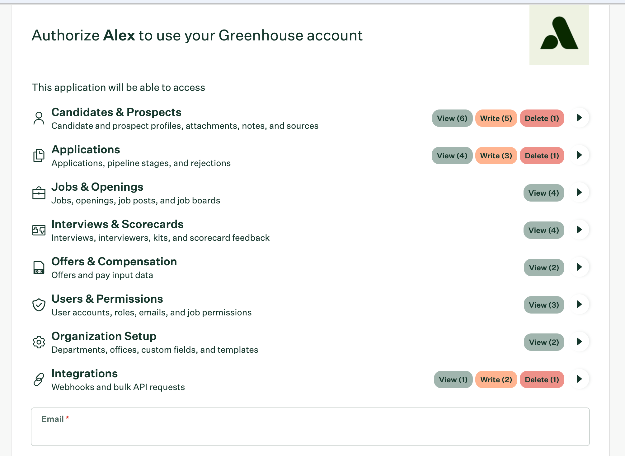 Authorize Alex to use your Greenhouse account