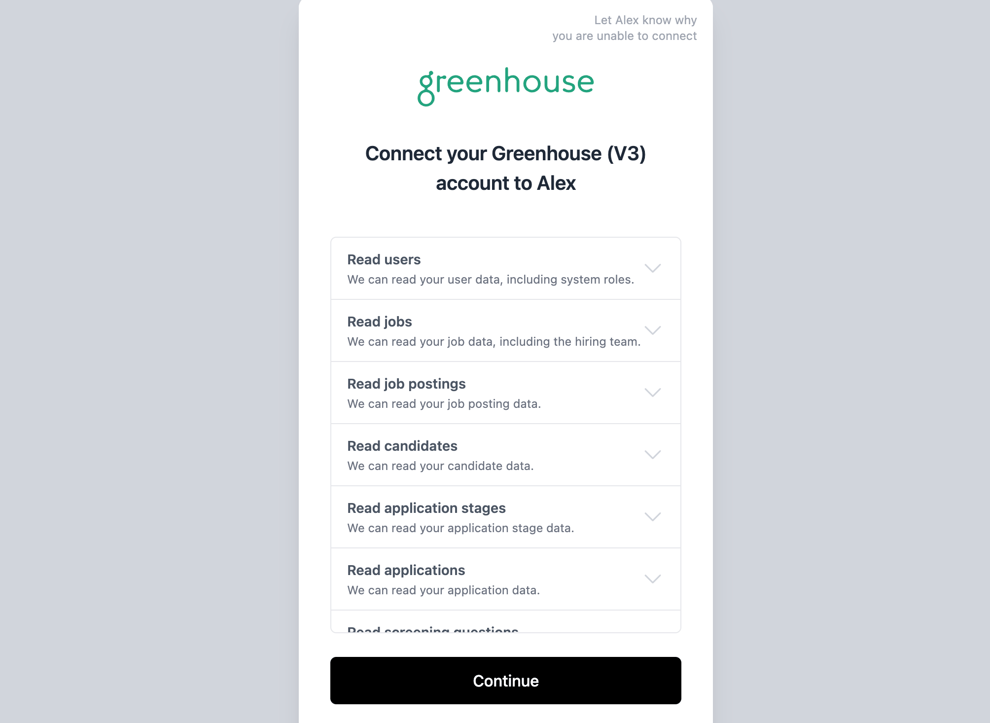 Connect your Greenhouse (V3) account to Alex