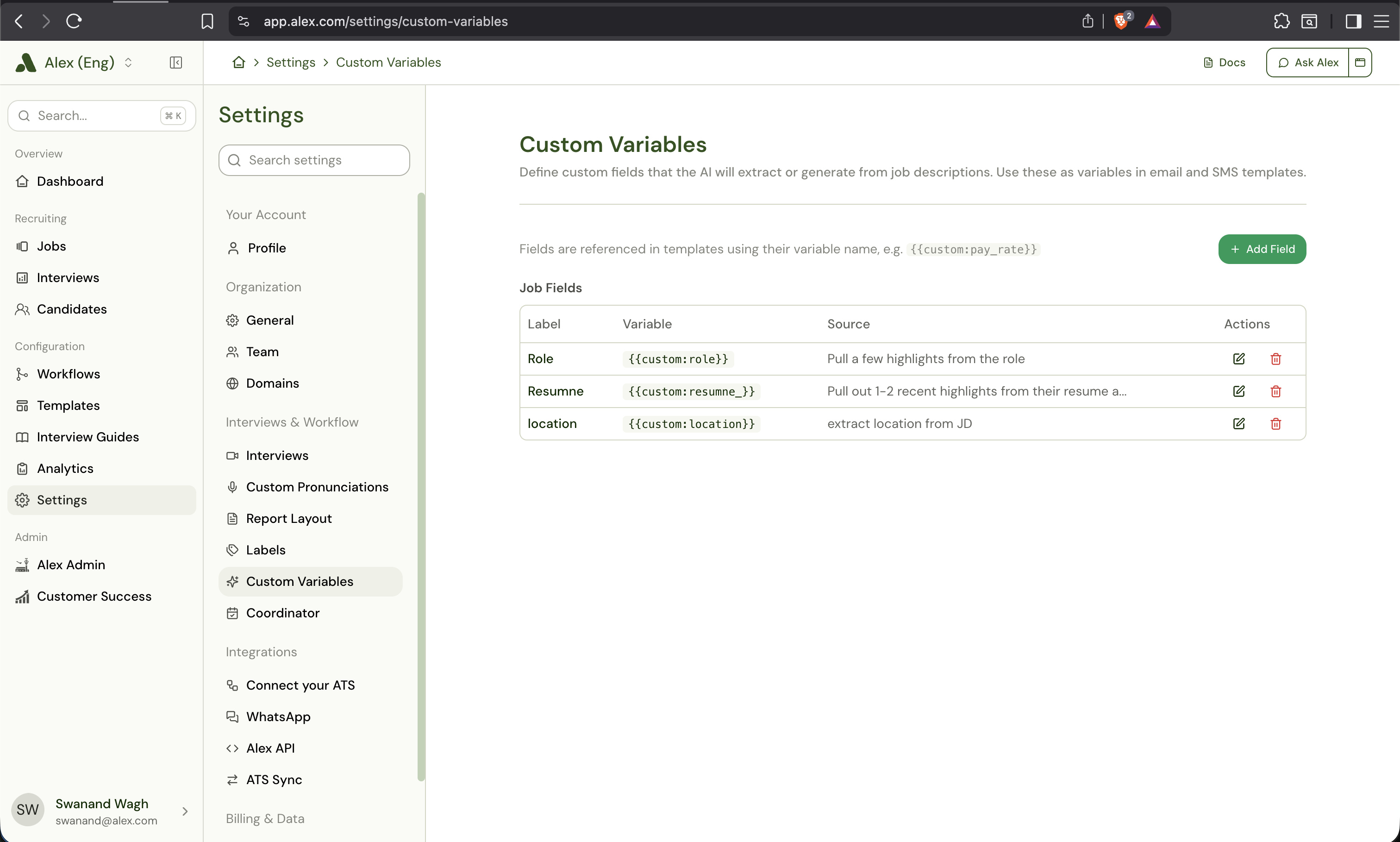Custom Variables settings page listing Role, Resume, and location variables with their references and descriptions