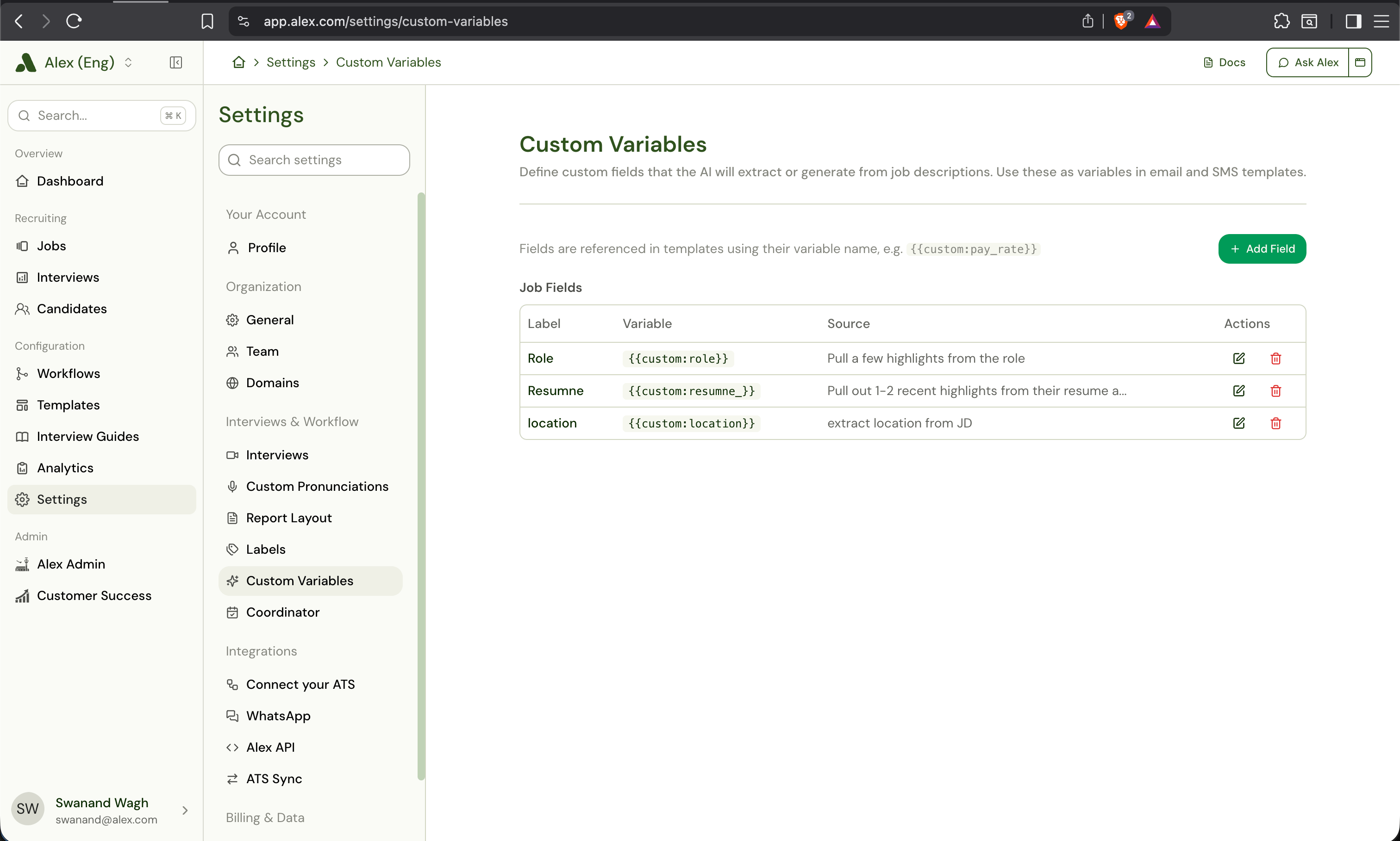 Custom Variables settings page listing Role, Resume, and location variables with their references and descriptions