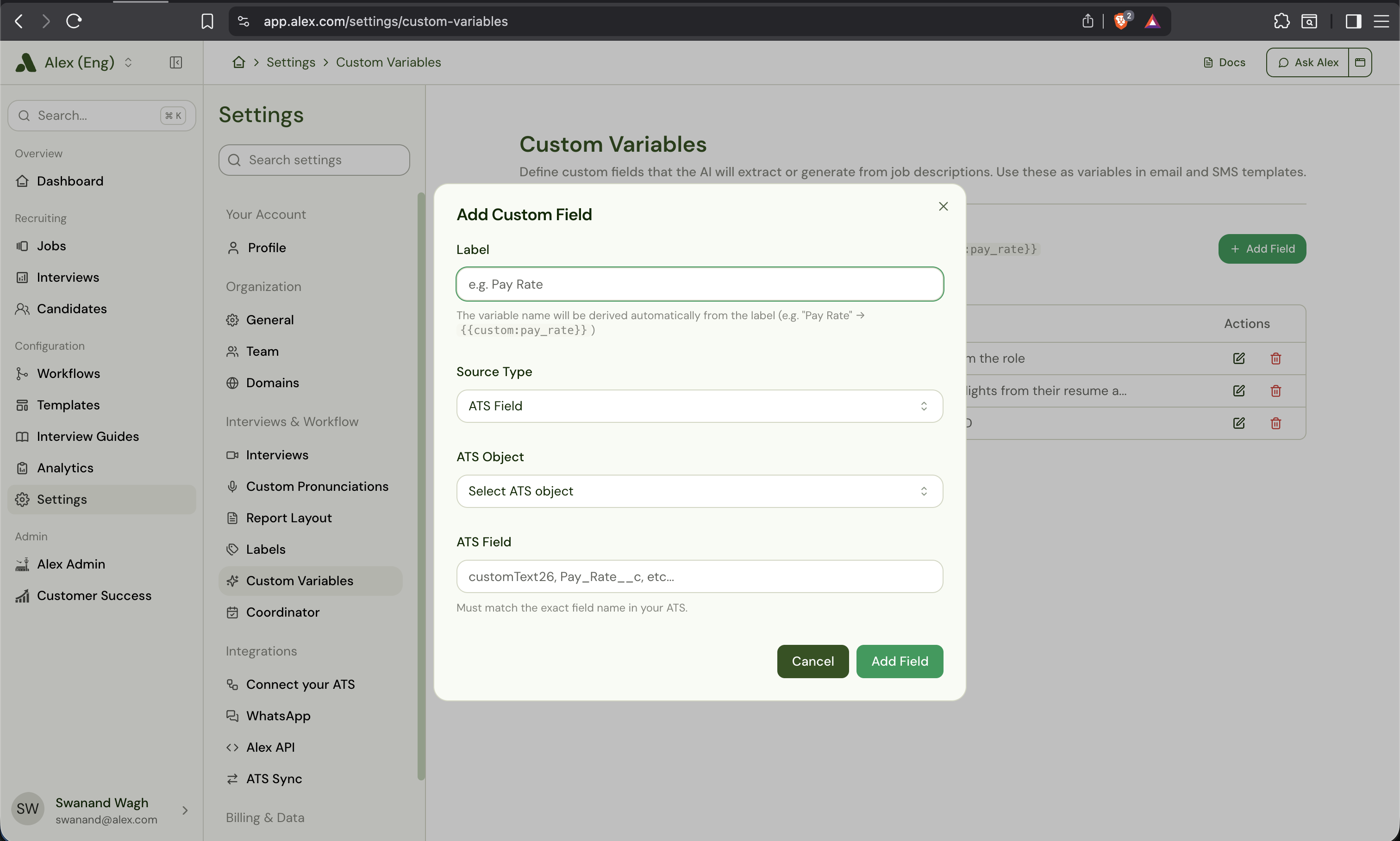 Add Custom Field modal with the Label, Source Type (set to ATS Field), ATS Object, and ATS Field inputs