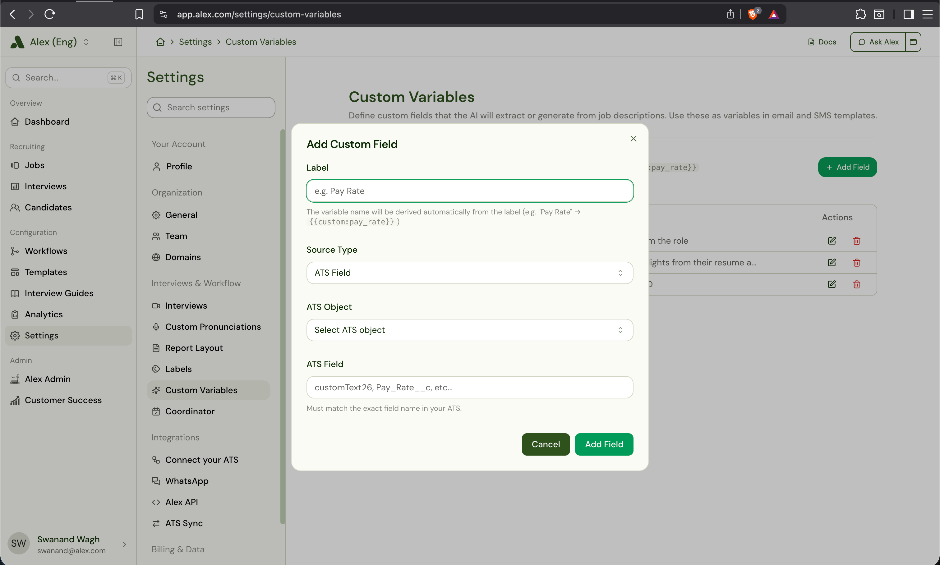 Add Custom Field modal with the Label, Source Type (set to ATS Field), ATS Object, and ATS Field inputs
