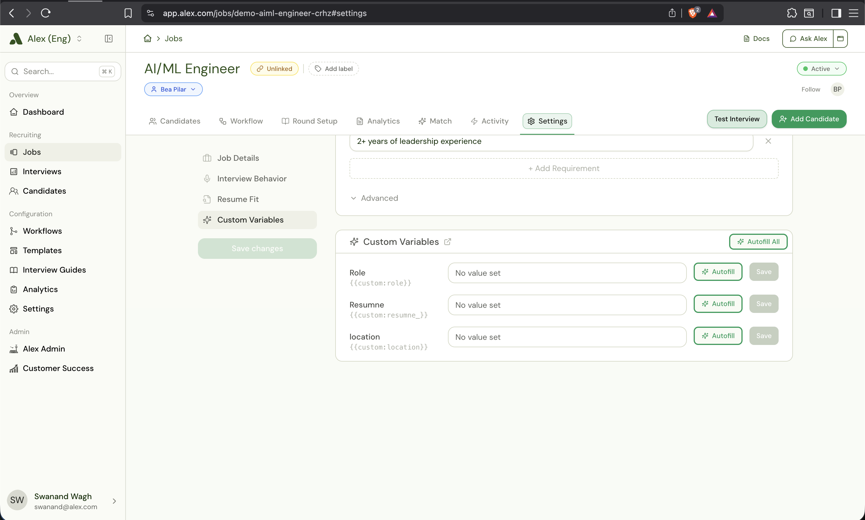 AI/ML Engineer job settings with a Custom Variables section showing Role, Resume, and location fields, each with an Autofill and Save button