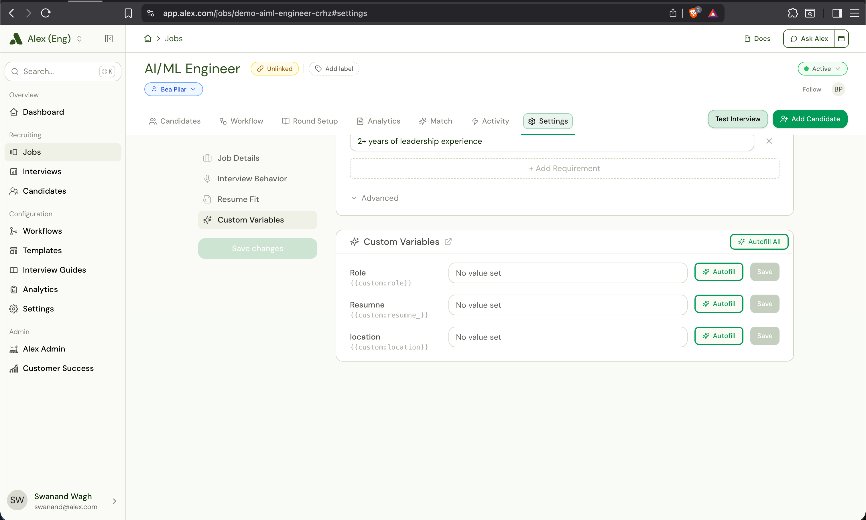 AI/ML Engineer job settings with a Custom Variables section showing Role, Resume, and location fields, each with an Autofill and Save button