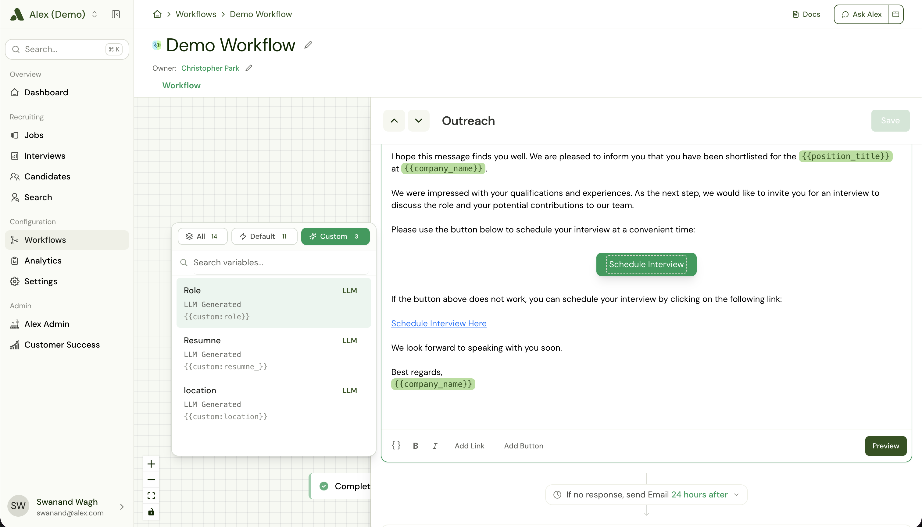 Workflow Outreach email editor with the variable picker open on the Custom tab, listing Role, Resume, and location as LLM generated variables