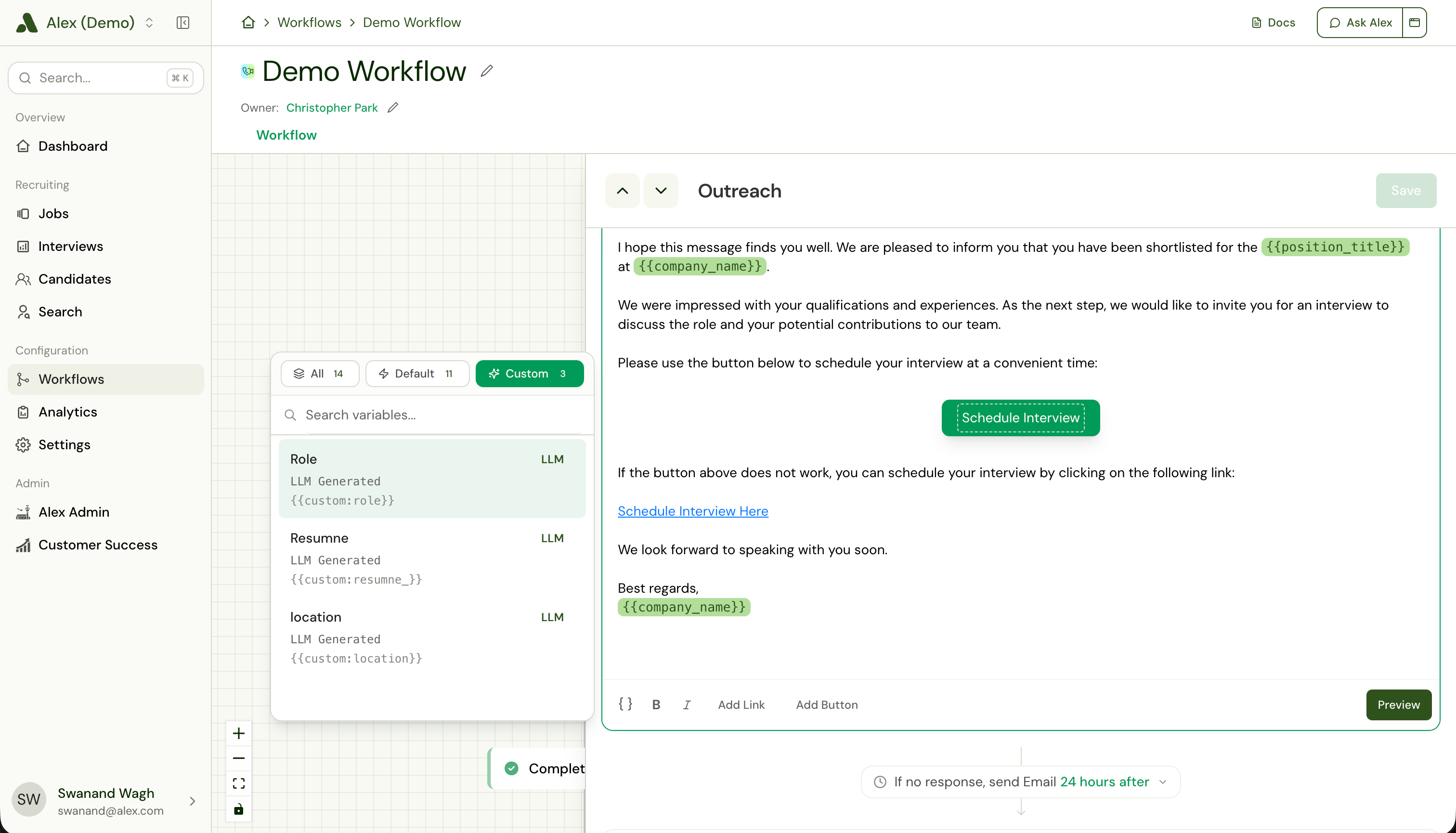 Workflow Outreach email editor with the variable picker open on the Custom tab, listing Role, Resume, and location as LLM generated variables