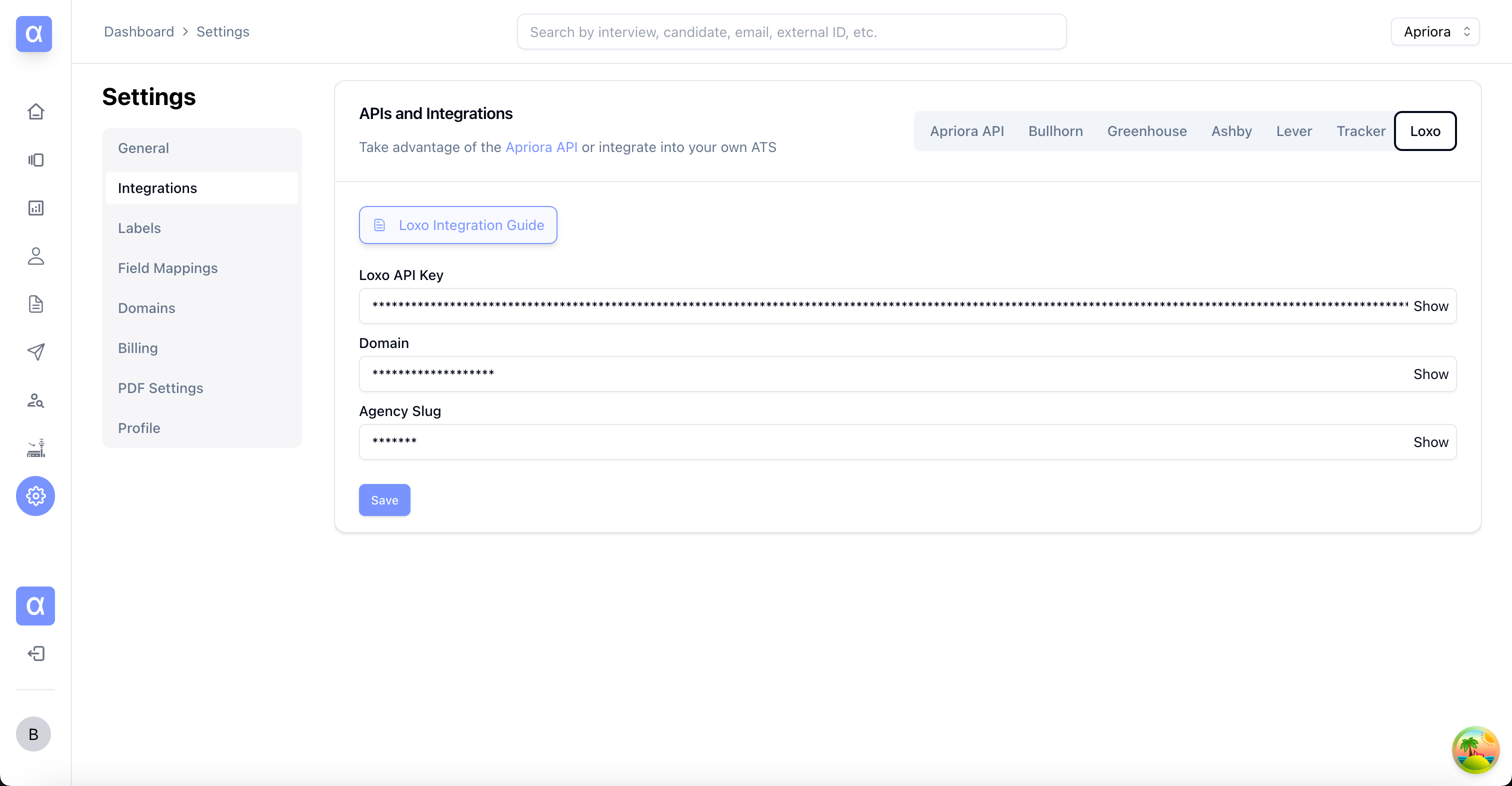 Alex Dashboard - Loxo Integration Settings