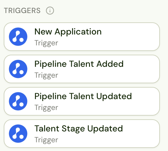 Avionté application workflow triggers: New Application, Pipeline Talent Added, Pipeline Talent Updated, Talent Stage Updated