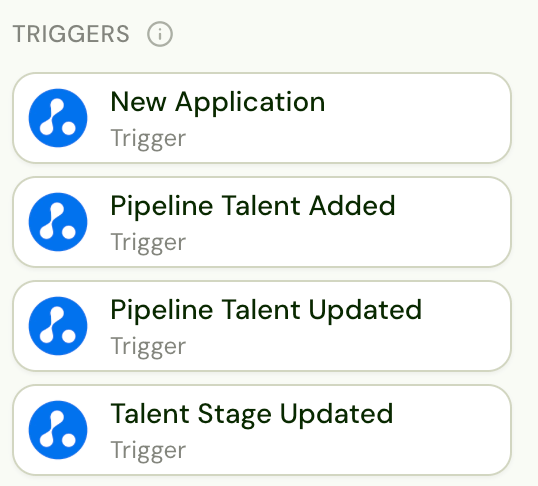 Avionté application workflow triggers: New Application, Pipeline Talent Added, Pipeline Talent Updated, Talent Stage Updated