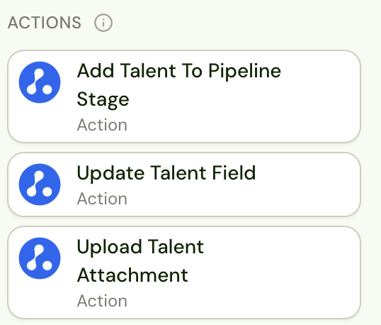 Avionté write-back actions: Add Talent To Pipeline Stage, Update Talent Field, Upload Talent Attachment