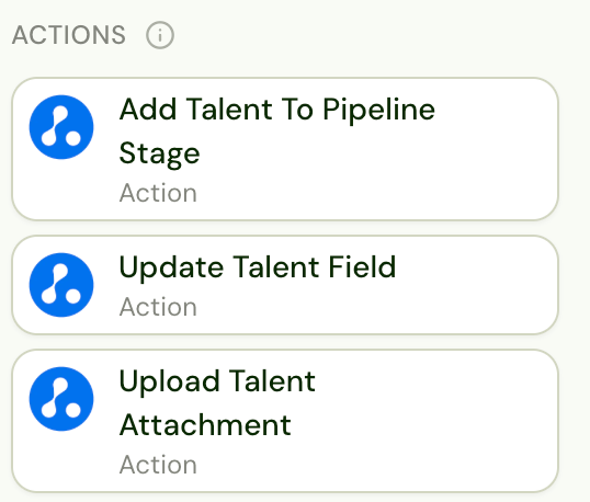 Avionté write-back actions: Add Talent To Pipeline Stage, Update Talent Field, Upload Talent Attachment