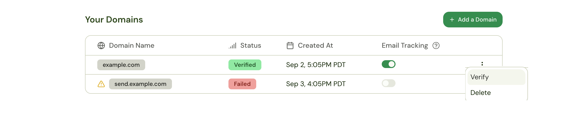 Domain row menu