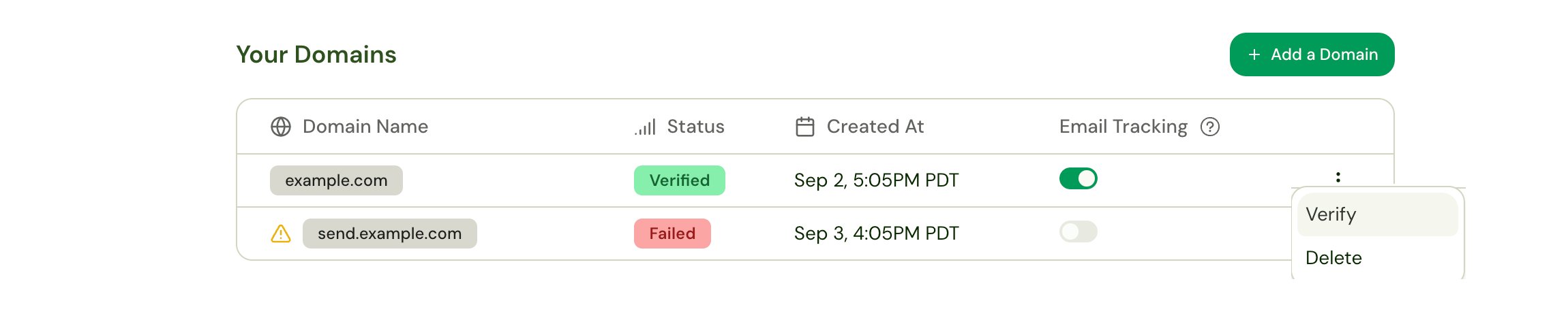 Domain row menu