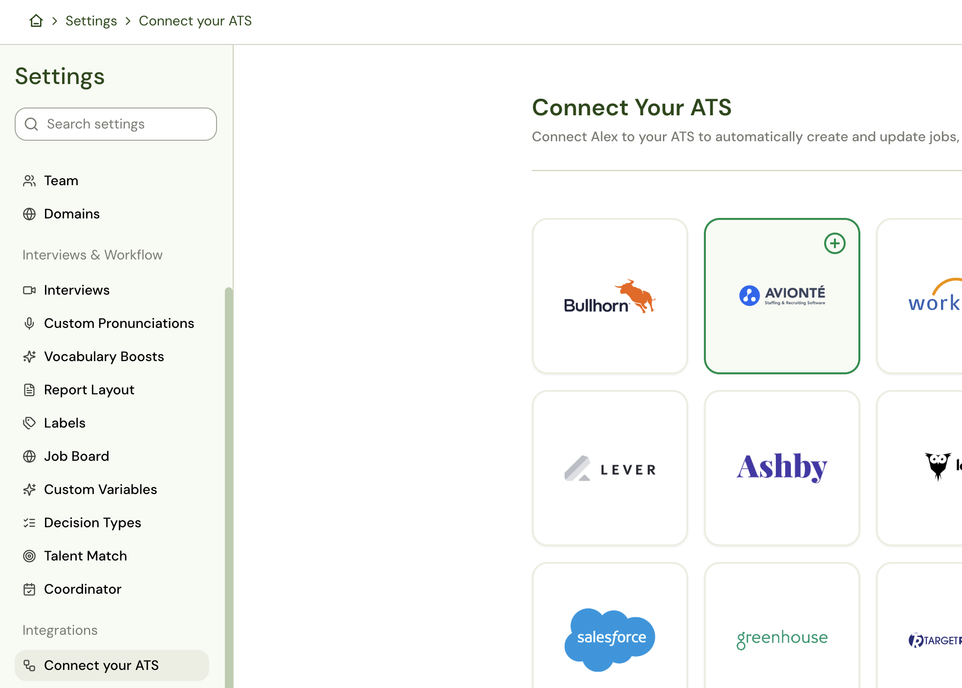 Settings → Connect your ATS, with Avionté selected