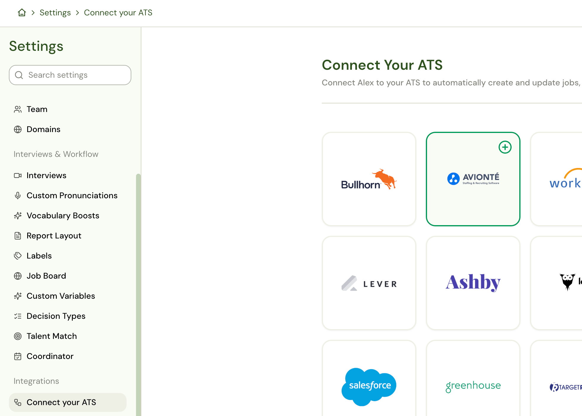 Settings → Connect your ATS, with Avionté selected