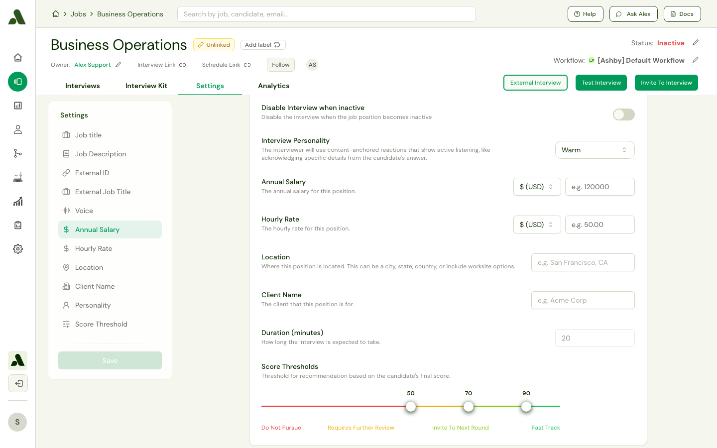 Job Settings - Score Thresholds