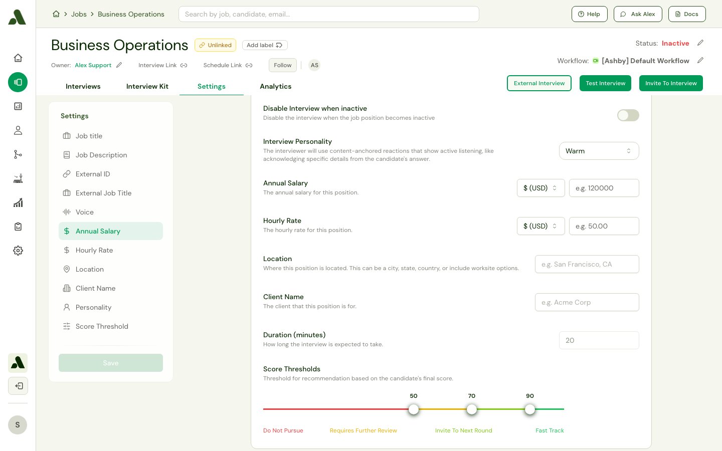Job Settings - Score Thresholds